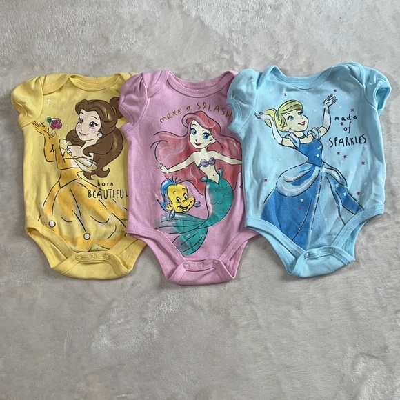 Disney Other - Disney Princess Bodysuit Trio - Yellow, Pink, Blue Layette One Piece 0-3 Months
